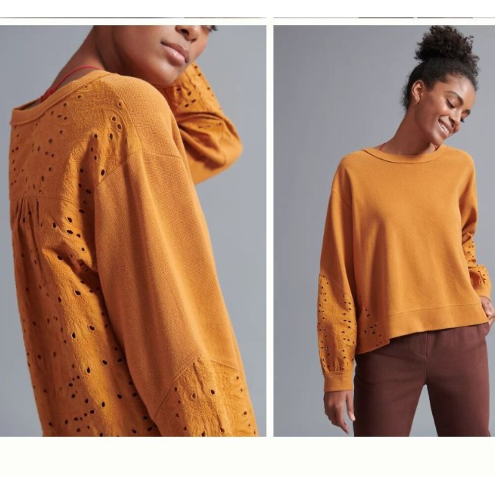 Pilcro Maura Eyelet Lace Sweatshirt Women XS Mustard Yellow Boho Waffle Knit Top